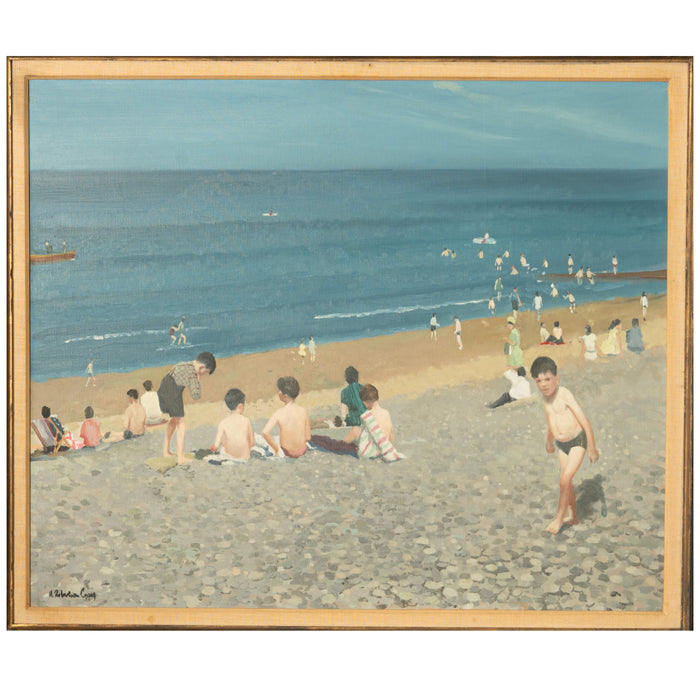 Irish Modernist Oil on Canvas Painting "Young Bathers" Children on the Beach  by Henry Robertson Craig