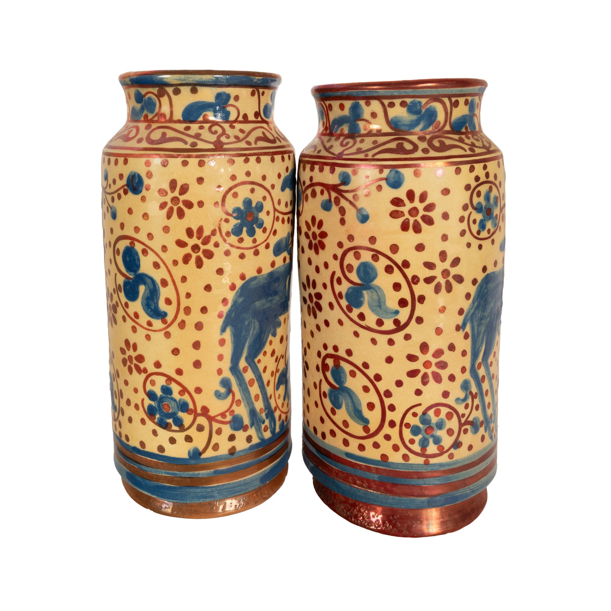 Antique Pair Hispano Moresque Copper Lustre Albarello Vases Manises Spain 1880