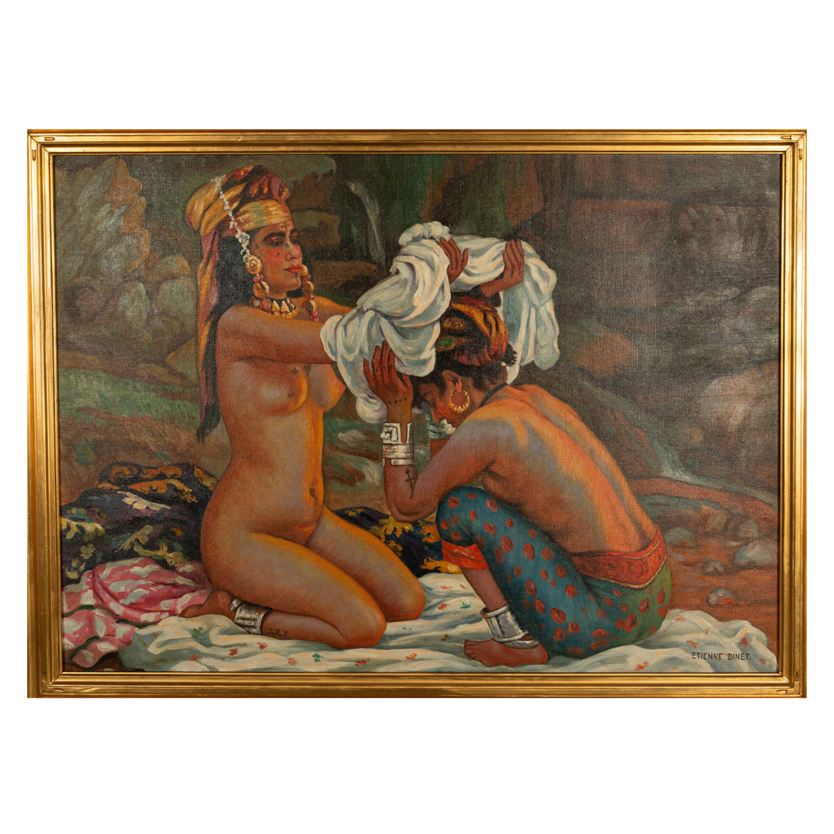 Large Orientalist Oil Painting North African Algeria Nude Tattooed Berber Women by Nasreddine Dinet Circa 1910