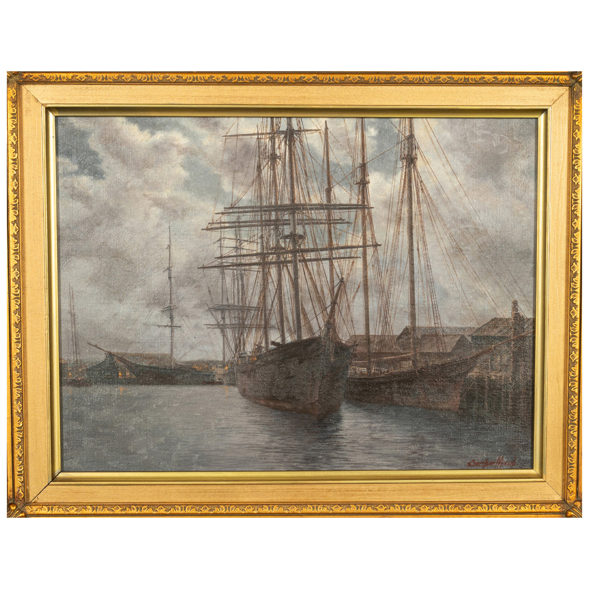 American Oil Canvas Nautical Marine Painting Sailing Ships in Harbor California By Stephen Mirich