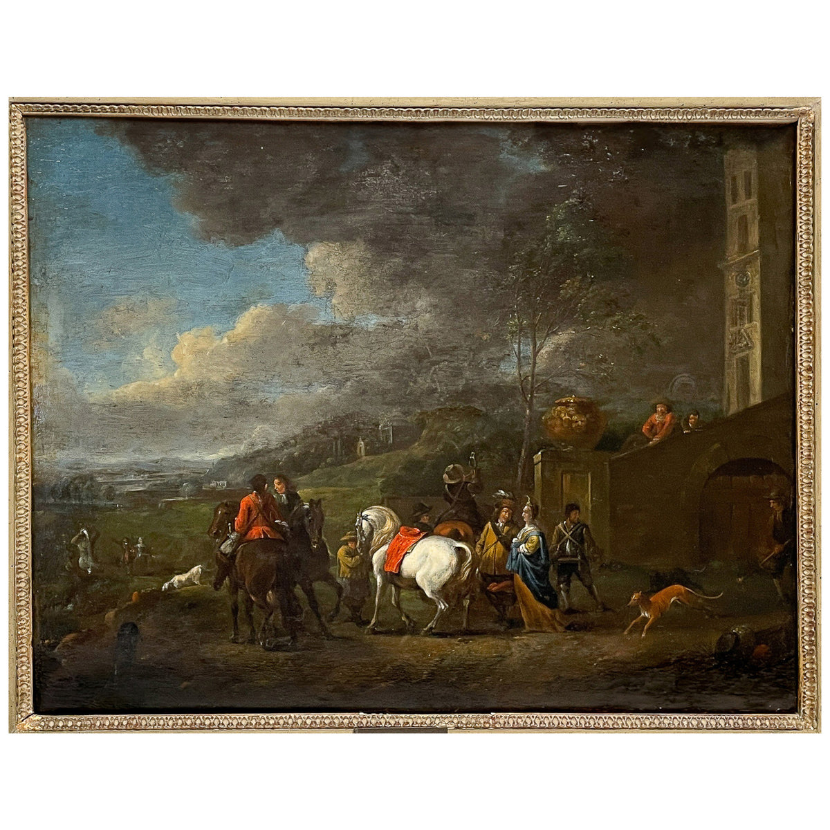 Flemish Early 17th Century Old Master Oil on Panel Painting Hunting Scene By by Peter Van Lint, 1620