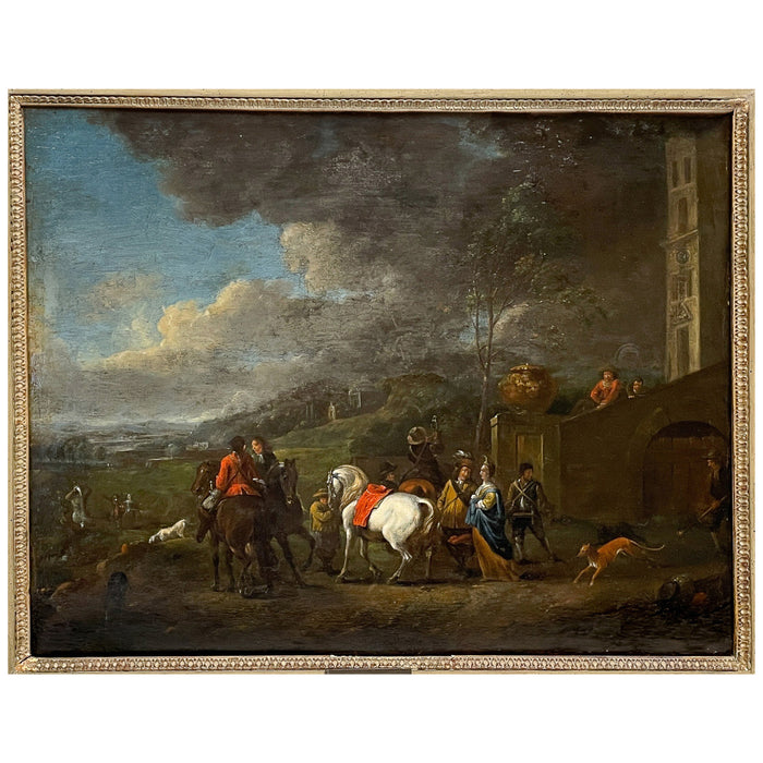 Flemish Early 17th Century Old Master Oil on Panel Painting Hunting Scene By by Peter Van Lint, 1620