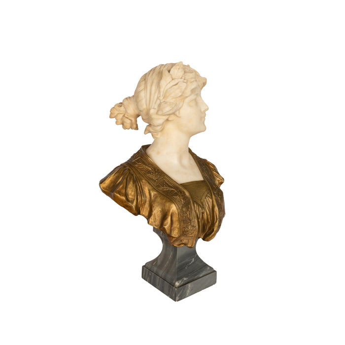 Antique Art Nouveau Female Carrara Marble Gilt Bronze Bust Statue Sculpture by Gustave Van Vaerenbergh 1900