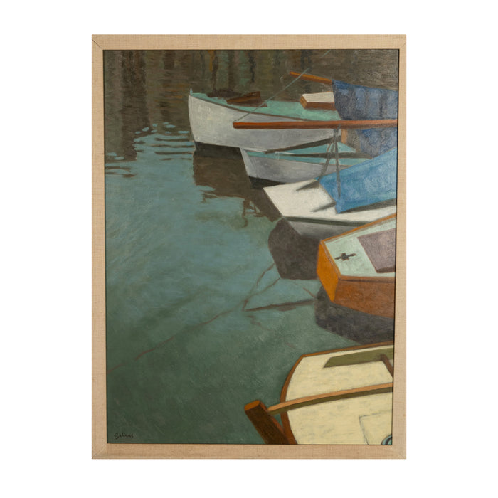 Modernist French Oil on Canvas "Boats at Dock" by Laurent Marcel Salinas Picasso's Lithographer 1975