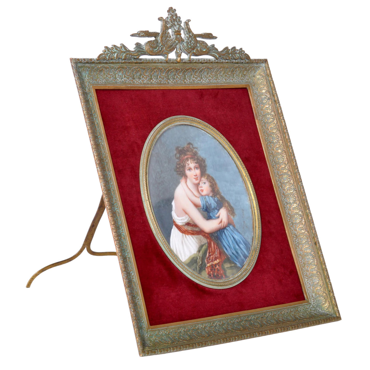 Antique French Portrait Miniature Oil Painting of Vigee Lebrun Mother & Daughter by Jenny Savy 1860