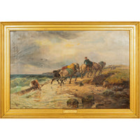 Antique British Oil Painting Seascape Coast Scene Shipwreck Landscape Horses Samuel C. Bird 1870