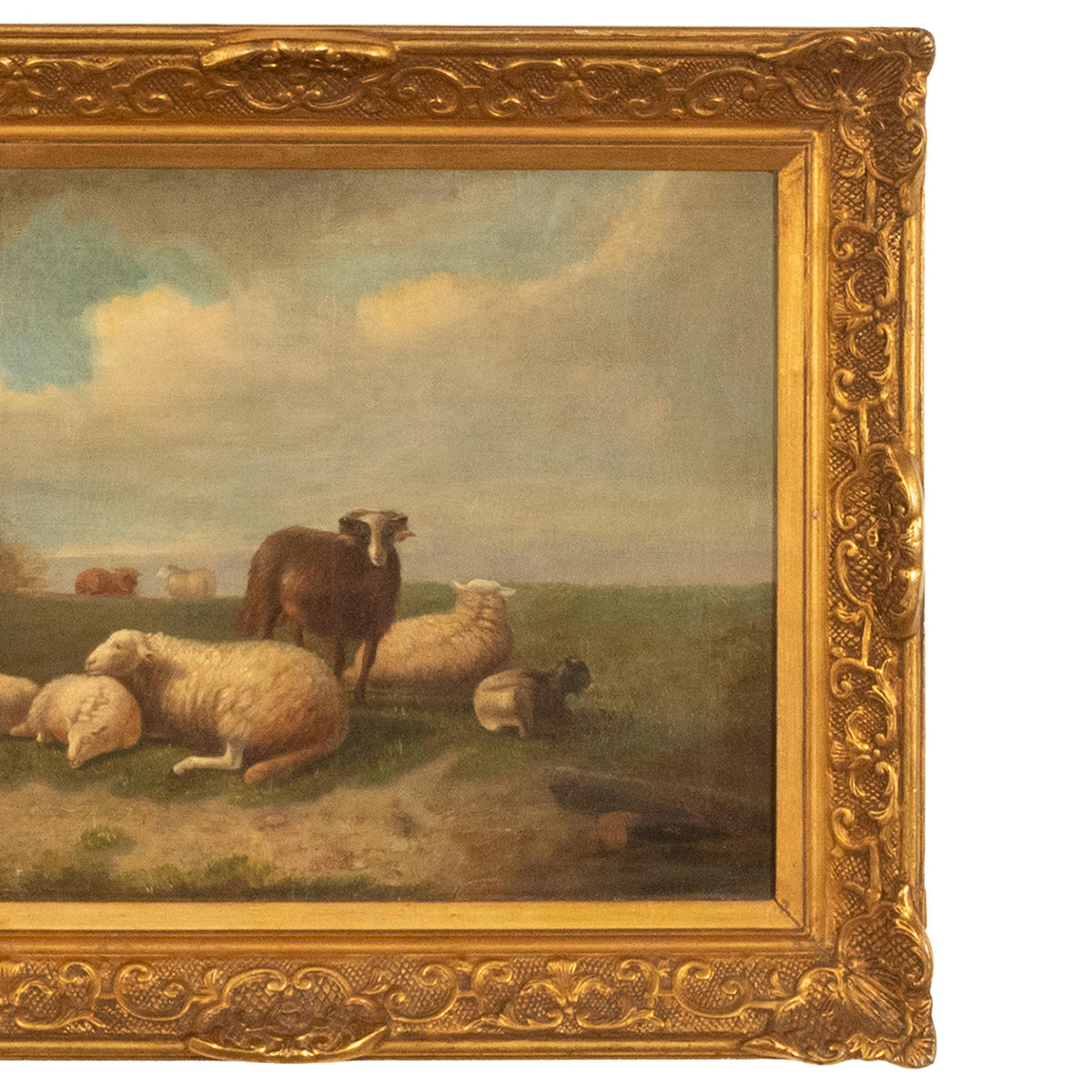 19th Century Belgian Realist Pastoral Oil Canvas Landscape Painting Ram Sheep & Goat