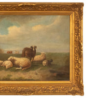19th Century Belgian Realist Pastoral Oil Canvas Landscape Painting Ram Sheep & Goat