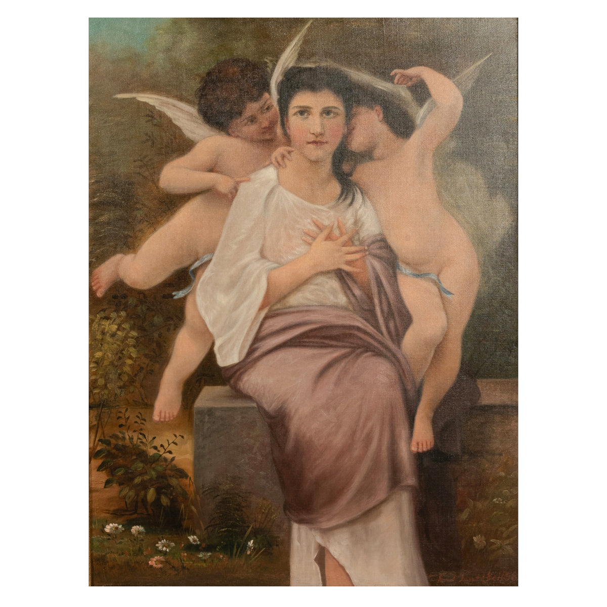 Large Antique French 19th Century Oil Canvas Painting "Hearts Awakening" Cherubs by William-Adolphe Bouguereau, 1892