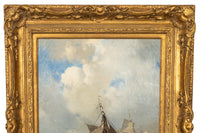 Antique French School Marine Ship Fishing Boats Oil Canvas Painting  Dieppe 1851 By Charles Hoguet