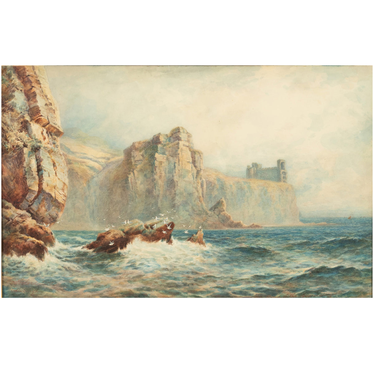 Antique Scottish Edinburgh Watercolor Painting Seascape "Dunollie Castle Oban" by William Wollard 1890