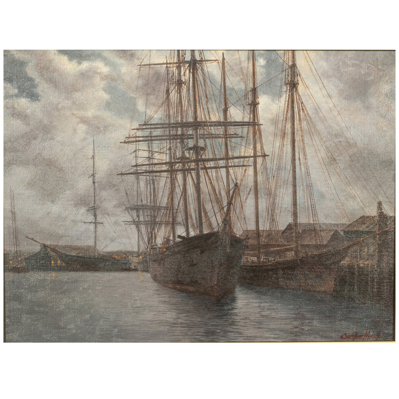 American Oil Canvas Nautical Marine Painting Sailing Ships in Harbor California By Stephen Mirich