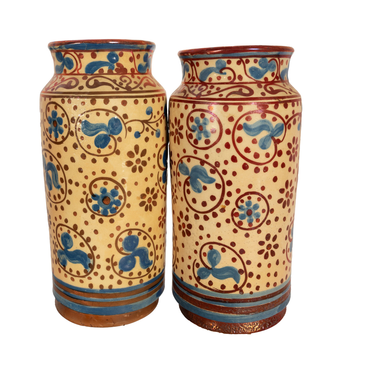 Antique Pair Hispano Moresque Copper Lustre Albarello Vases Manises Spain 1880