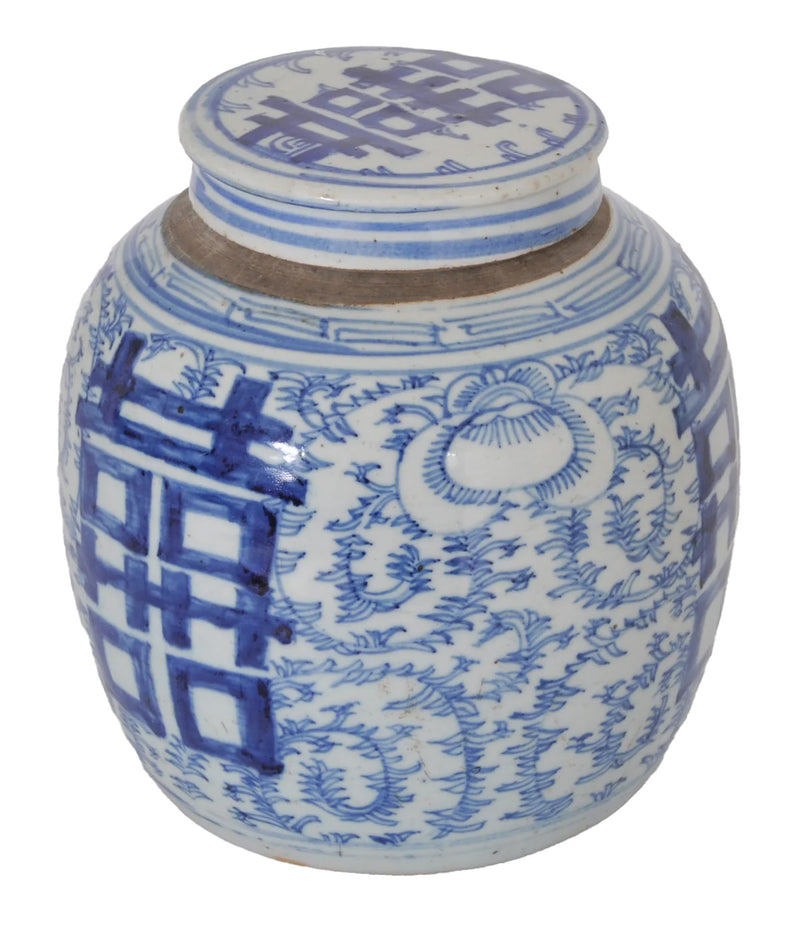 Antique Chinese Qing Dynasty Blue & White Porcelain Ginger Jar with Double Happiness Symbol, Circa 1870