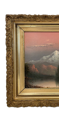 Antique American Realist Oil Painting Landscape Mount Hood at Sunset Oregon by Eliza Barchus, 1900