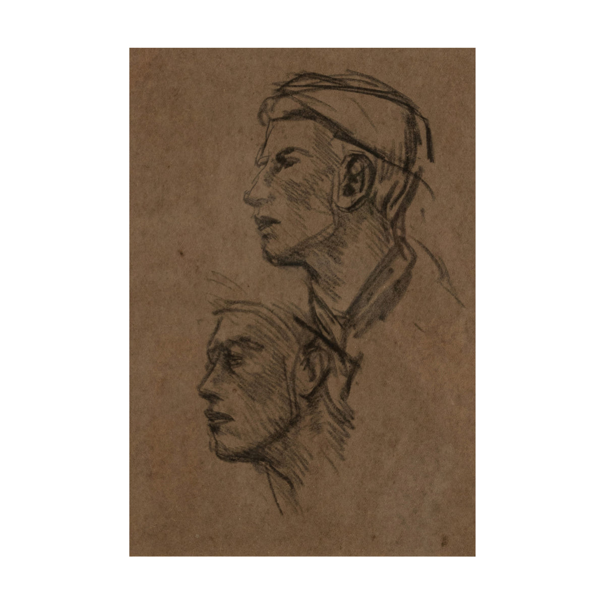 Antique English Impressionist Charcoal Pencil Drawing Portrait Study Two Heads by Sir George Clausen R.A. circa 1905