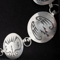 MCM Native American Navajo Silver Engraved Storyteller Concho Belt Willie Yazzie circa 1960