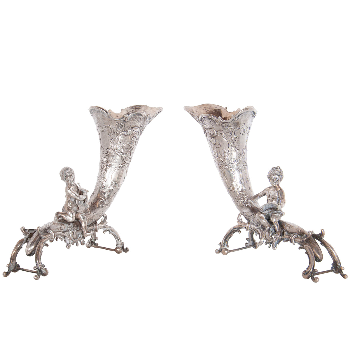 Pair Antique German Repoussé 800 Silver Cornucopia Cherub Vases Hanau 1890