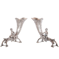 Pair Antique German Repoussé 800 Silver Cornucopia Cherub Vases Hanau 1890