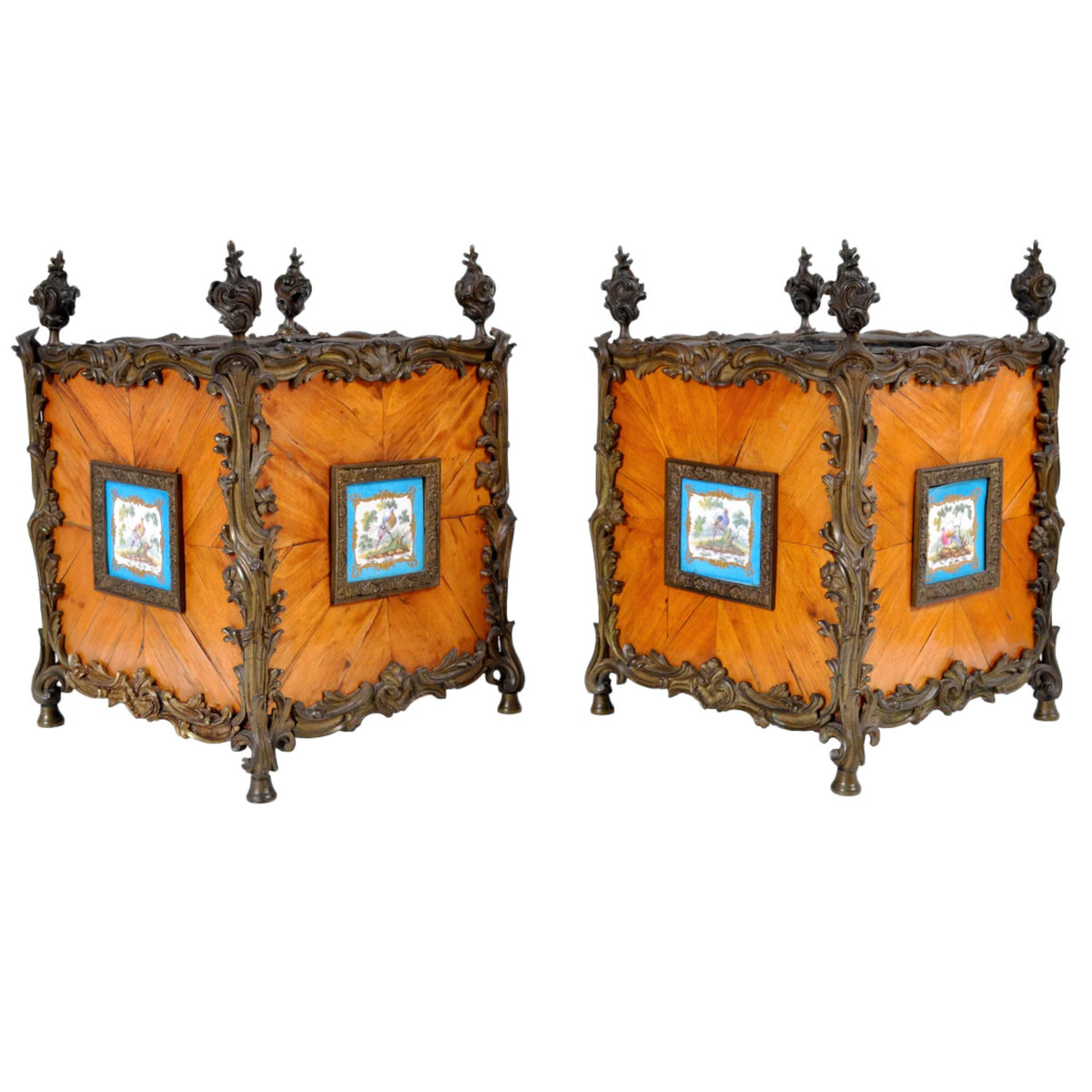 Pair of Antique French Louis XV Tulipwood and Sèvres Porcelain Jardinieres / Planters, circa 1840