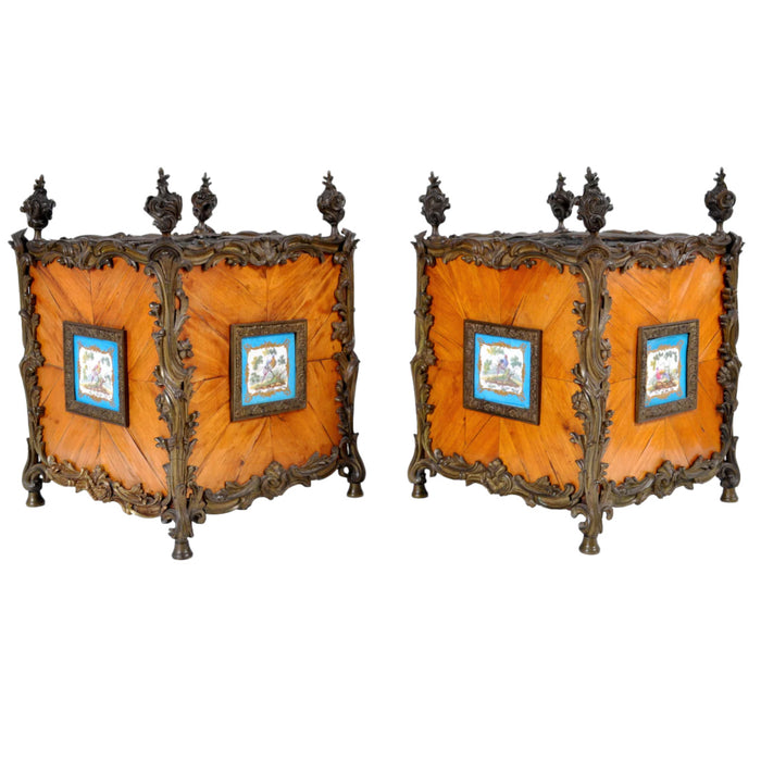 Pair of Antique French Louis XV Tulipwood and Sèvres Porcelain Jardinieres / Planters, circa 1840