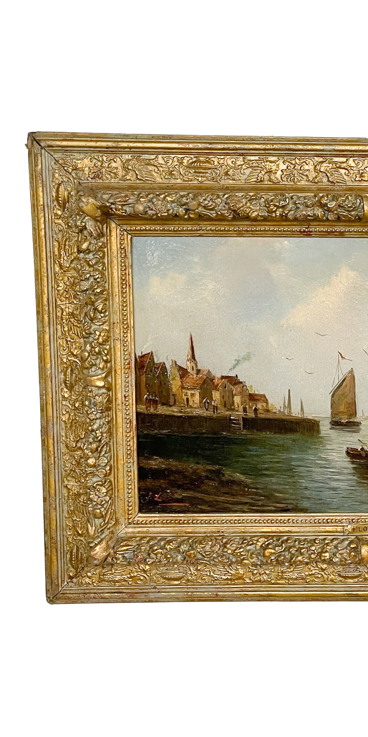 Pair Antique 19th Century Oil Canvas Paintings Dutch Marine Nautical Ships Seascapes by F. Lohse 1870