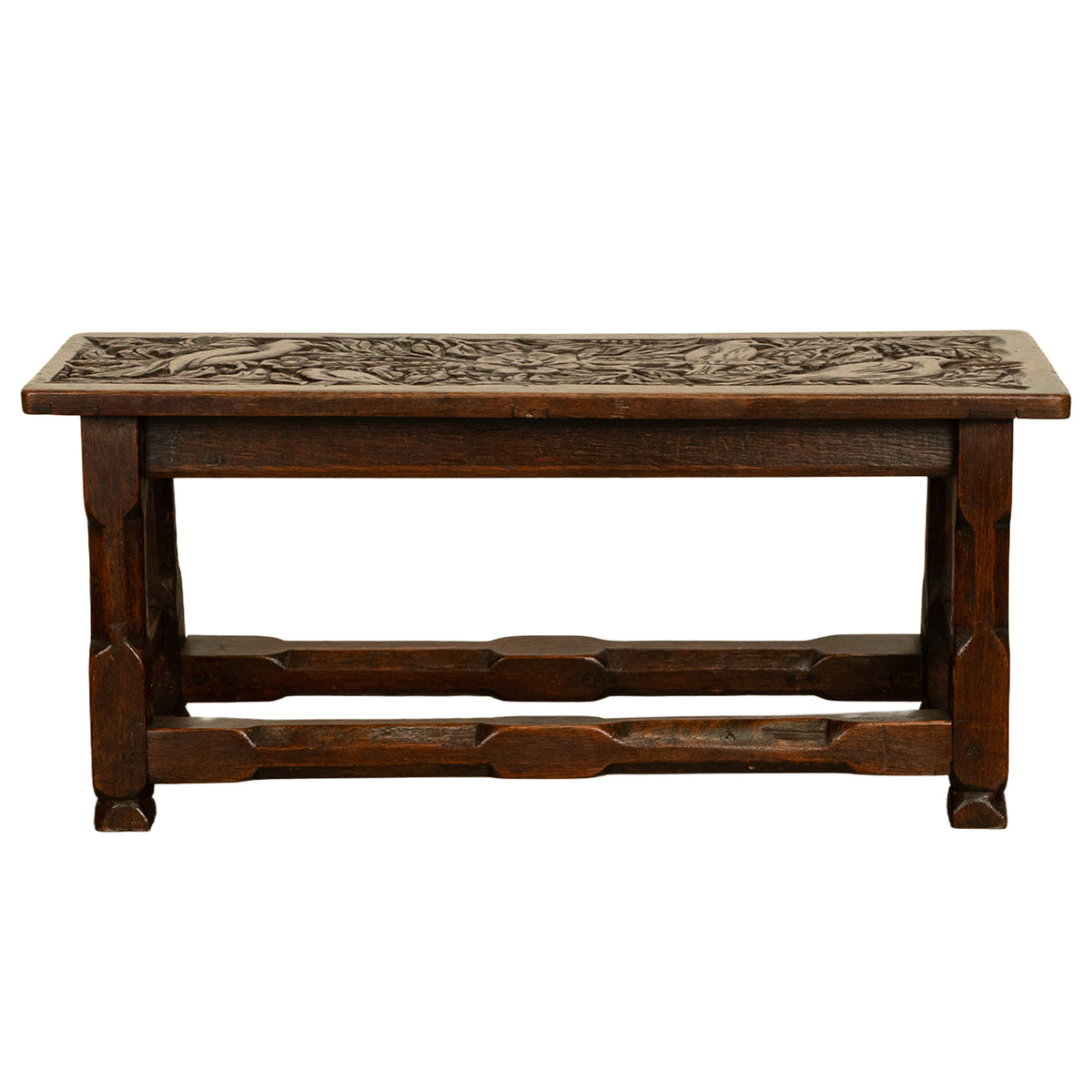 Antique English Carved Oak Arts & Crafts Hall Bench Seat 'Birds in a Tree' 1900