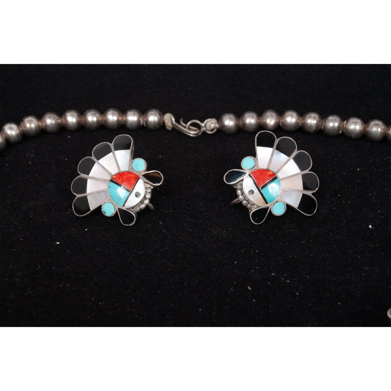 Zuni Pueblo Inlaid Silver Sunface Necklace Bracelet Ring by Burdian Eustace 1960