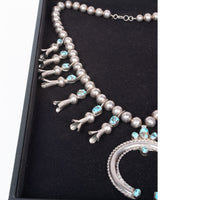 Antique Native American Navajo Sterling Silver Turquoise Squash Blossom Necklace