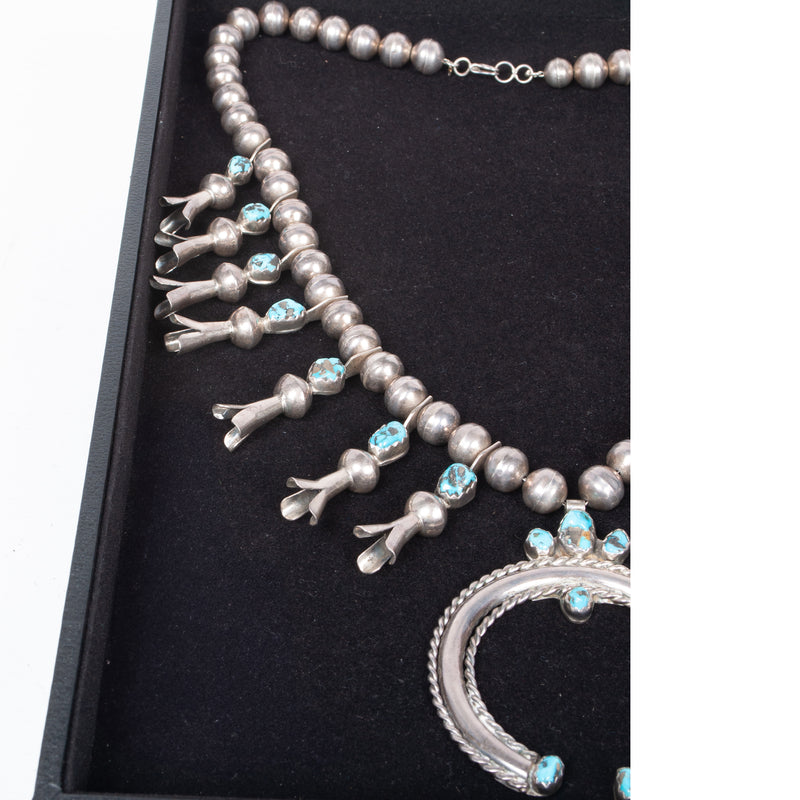 Antique Native American Navajo Sterling Silver Turquoise Squash Blossom Necklace
