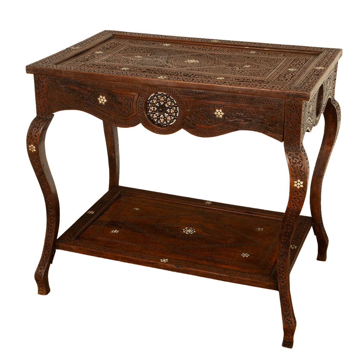 Antique Islamic Moorish Arab Mother-of-Pearl Inlaid & Carved Table Damascus 1890