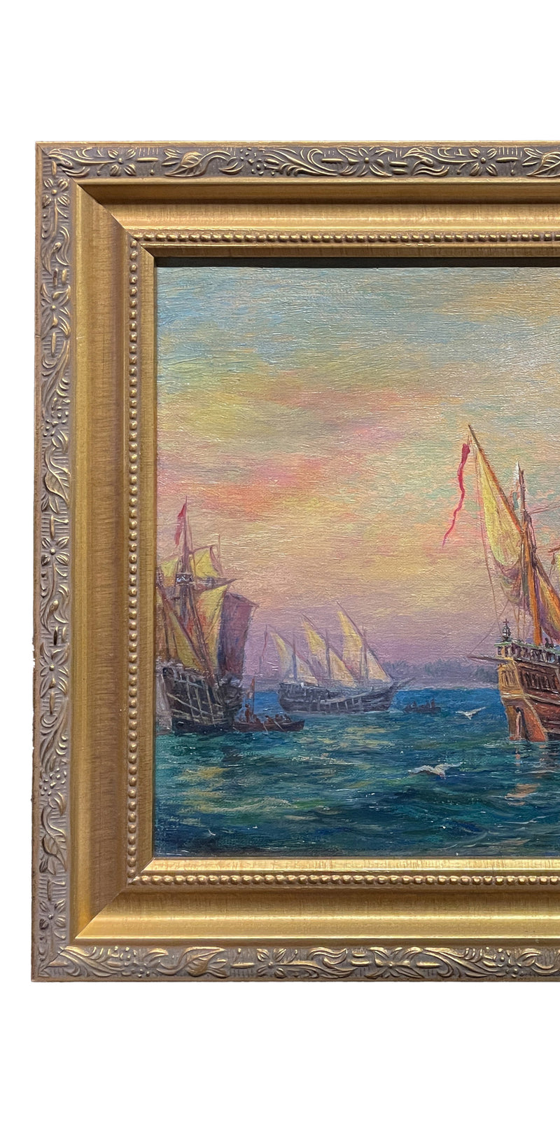 Antique American Nautical Ships Oil Painting "The Discovery" Jamestown Virginia by William Steeple Davis 1921