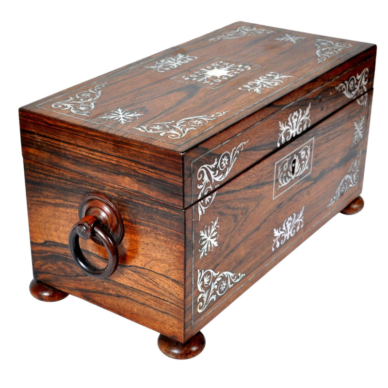 Antique English Georgian Regency Inlaid Rosewood Mother of Pearl Tea Caddy, Circa 1820