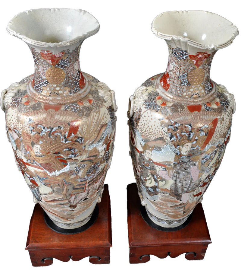 Pair of Monumental Antique Japanese Meiji Period Satsuma Pottery Vases & Stands Circa 1900