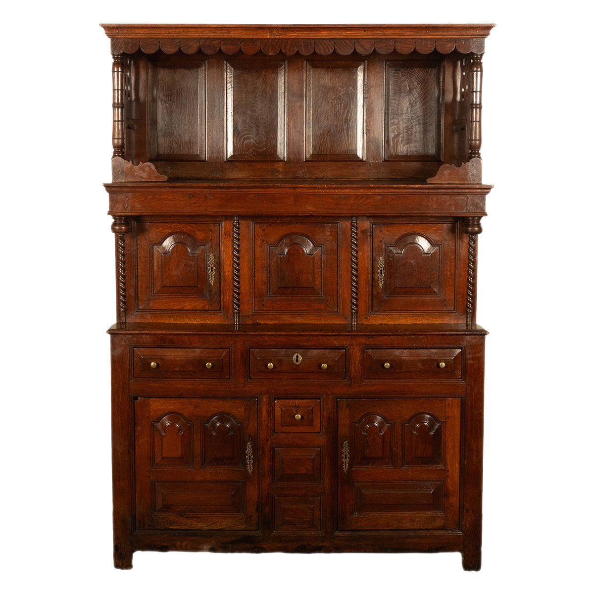 Antique Early 18th Century Carved Oak Welsh Cwpwrdd Tridarn Cupboard Cabinet 1730