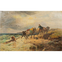 Antique British Oil Painting Seascape Coast Scene Shipwreck Landscape Horses Samuel C. Bird 1870