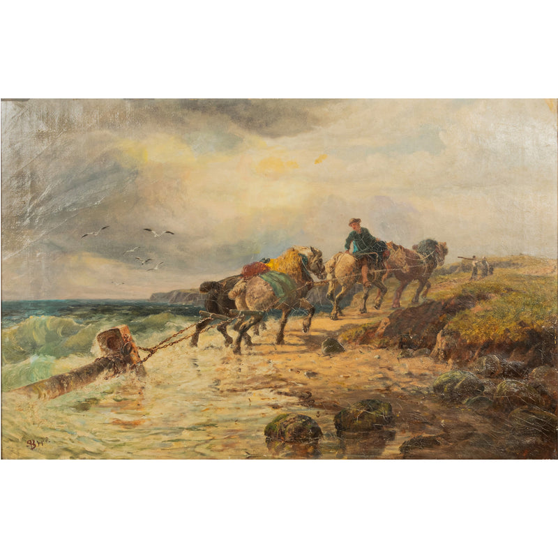 Antique British Oil Painting Seascape Coast Scene Shipwreck Landscape Horses Samuel C. Bird 1870