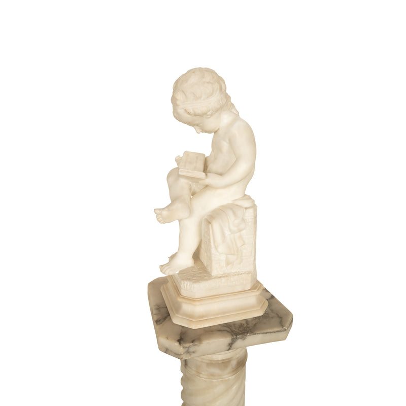 Antique Italian Grand Tour Marble Sculpture Statue Pedestal Putto Child Reading Antonio Canova 1890