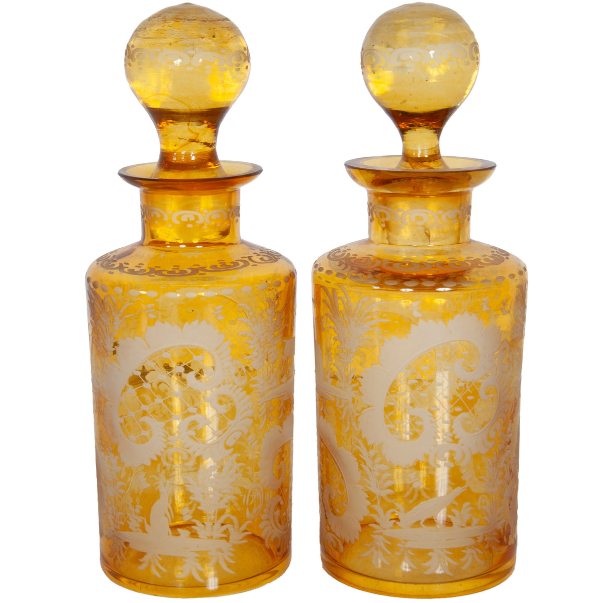Antique Pair 19th Century Etched Bohemian Amber Glass Wine Liquor Decanters 1880