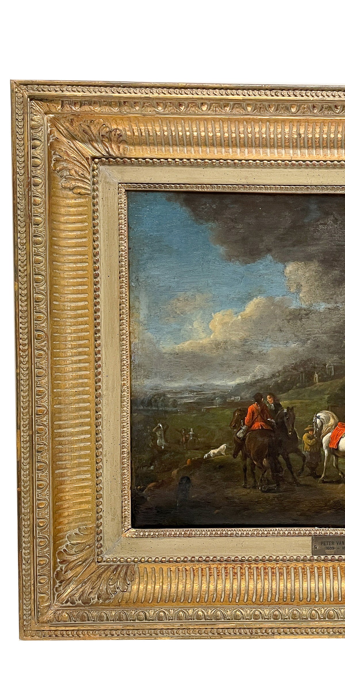 Flemish Early 17th Century Old Master Oil on Panel Painting Hunting Scene By by Peter Van Lint, 1620