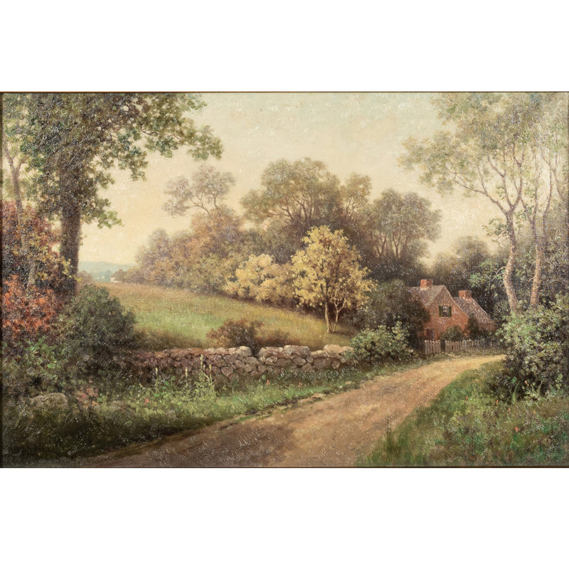 Antique American New England Summer Landscape Oil Canvas Painting Cottage Scene  by Milton H. Lowell  circa 1890