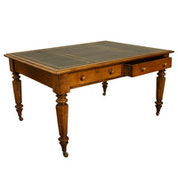 Antique English Oak & Leather Top Double-Sided Library Table Partner's Desk 1860