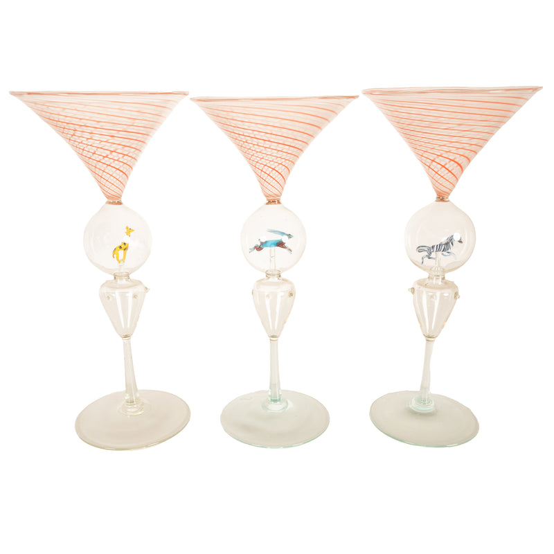 Antique Set 3 Handblown Martini Glasses Animals Bimini Werkstätte Austria 1925