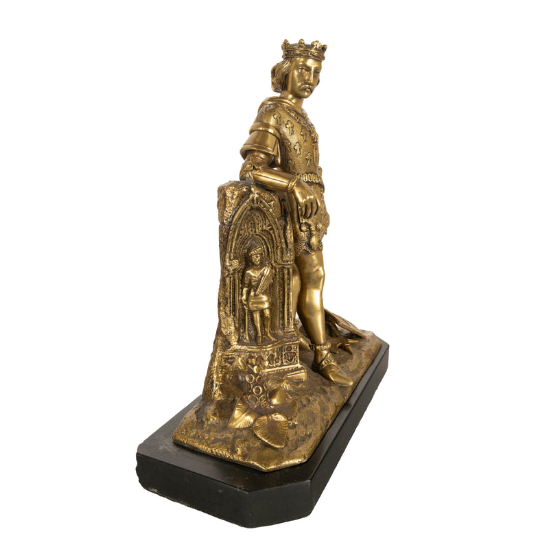 Antique French Gilt Bronze Statue Medieval King Louis VII Knight Templar 1880