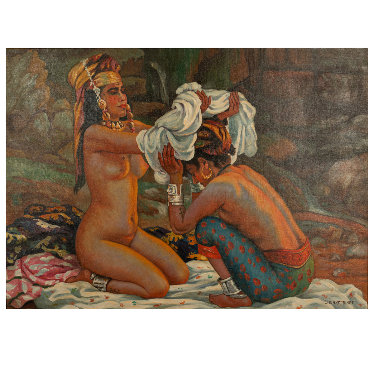 Large Orientalist Oil Painting North African Algeria Nude Tattooed Berber Women by Nasreddine Dinet Circa 1910