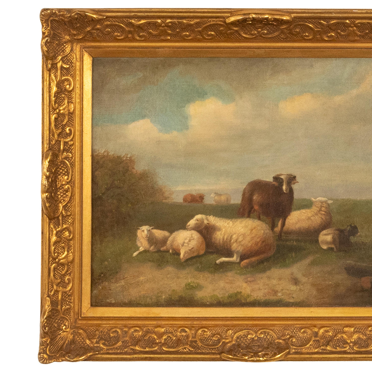 19th Century Belgian Realist Pastoral Oil Canvas Landscape Painting Ram Sheep & Goat