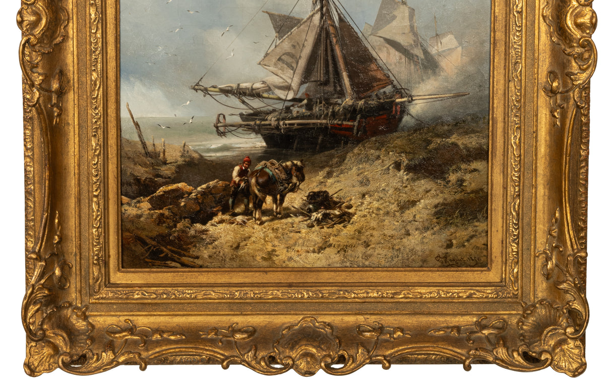 Antique French School Marine Ship Fishing Boats Oil Canvas Painting  Dieppe 1851 By Charles Hoguet