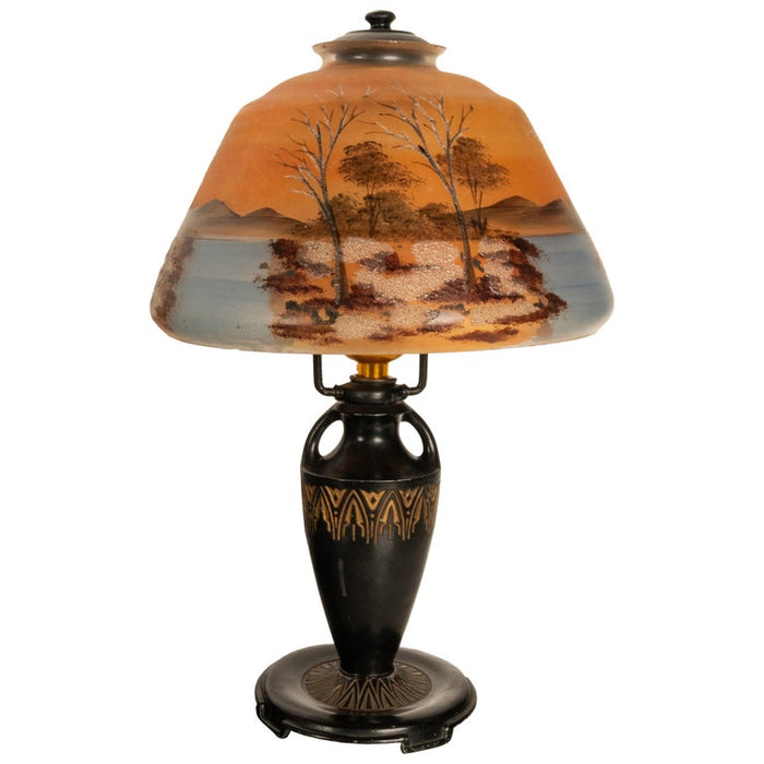 Antique Art Deco Moe Bridges Reverse Painted Landscape Boudoir Table Lamp 1920