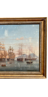 Antique Maritime Ships Oil Painting "British Fleet Bay of Naples"  by Tommaso De Simone, 1860