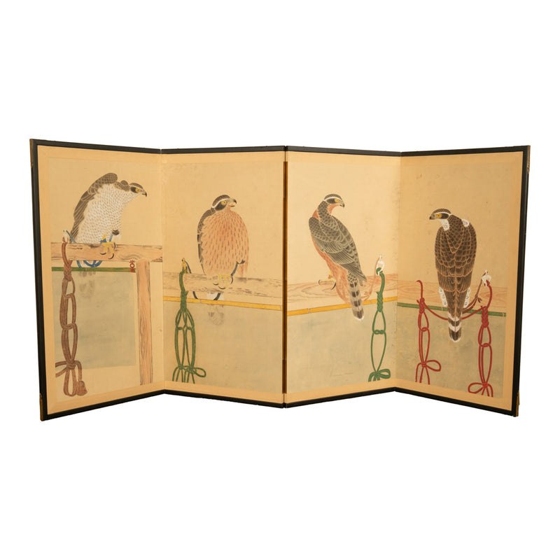 Pair Antique Japanese Edo Falcon Hawk Birds of Prey Takagari Screens 1880
